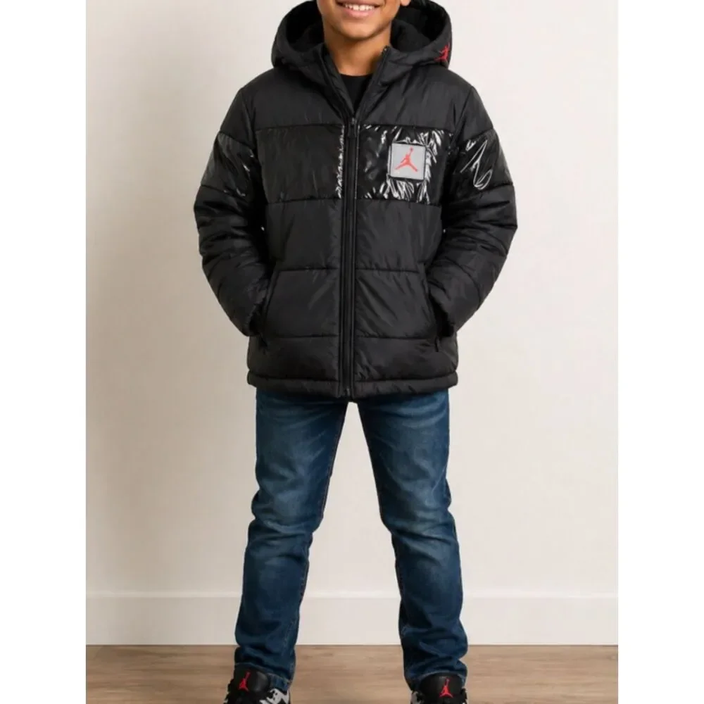 Jordan Kids Boys Youth Black Warm Winter Puffer Jacket with Hood Size Medium